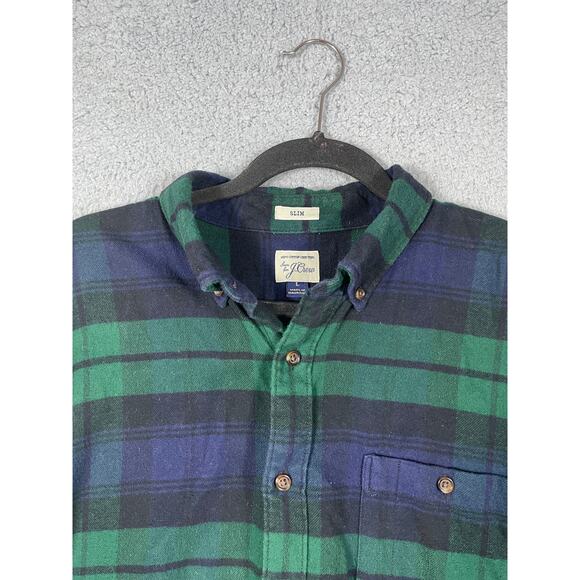 J. Crew Mens Shirt Size L Blue Green Slim Fit Elbow Patch Flannel Button Up - Picture 4 of 11